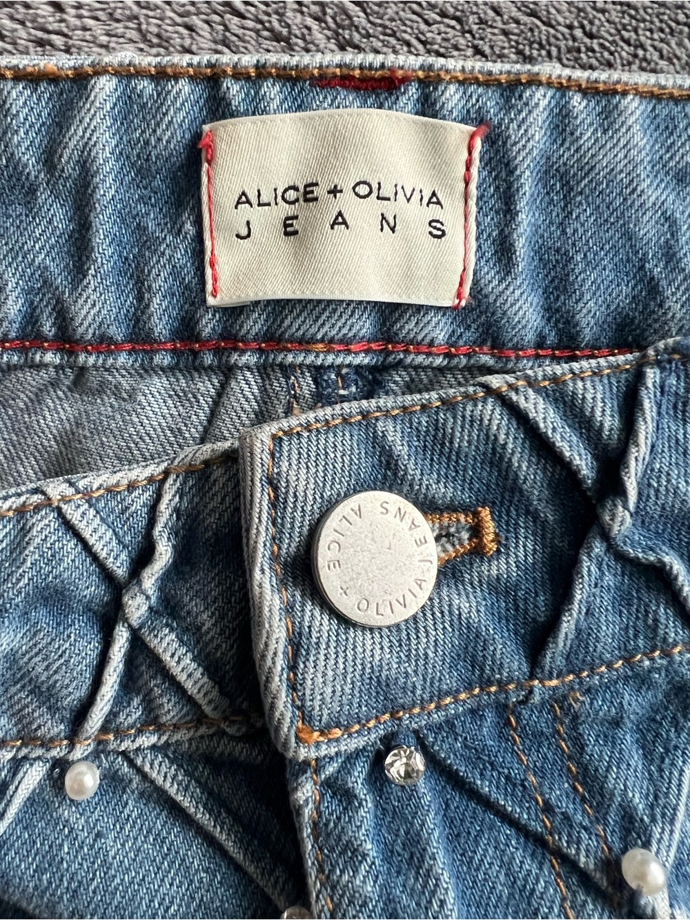 Alice + Olivia Light Blue Pearl-Embellished Quilted Denim Mini Skirt - Picture 3 of 5